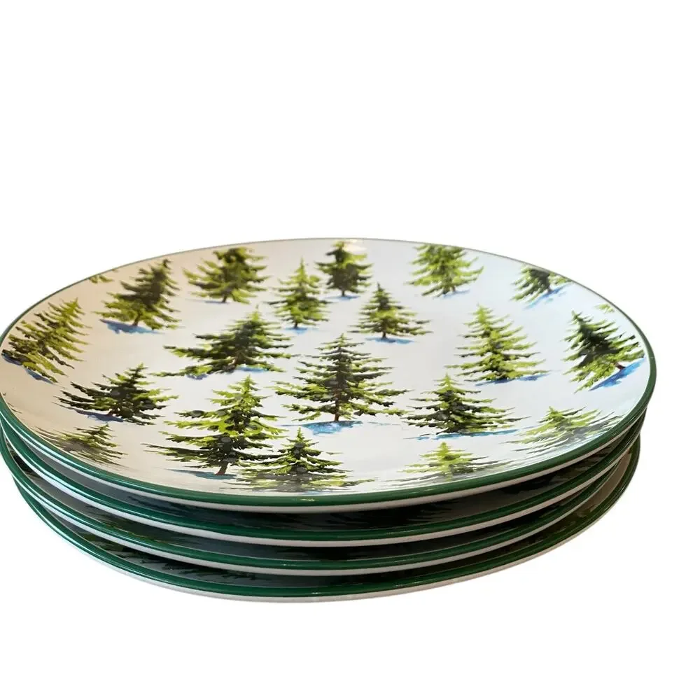 Christmas Pine Tree Dinner Plates 10.5in Ceramic Set of 2 by Global Design New